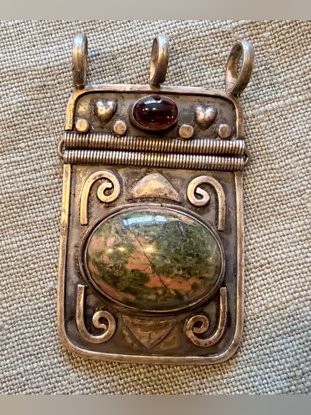 Sterling Silver Pendant with Green and Pink Unakite and Garnet Accent